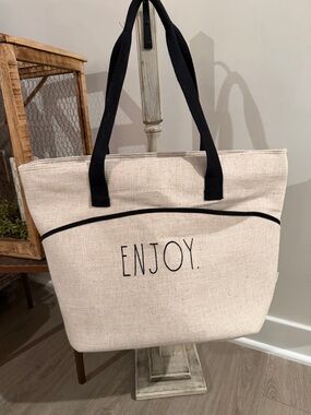 Rae Dunn ENJOY Insulated Tote with Black Handles and Trim NWOT